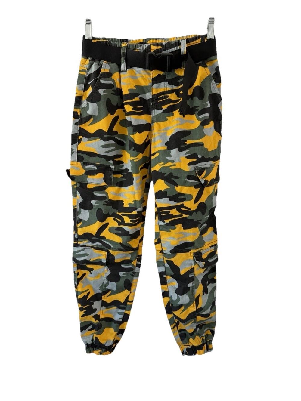 V.I.P. Yellow Camo Joggers, Elastic Waist & Hems Size 3/4 Belted Casual Gorpcore